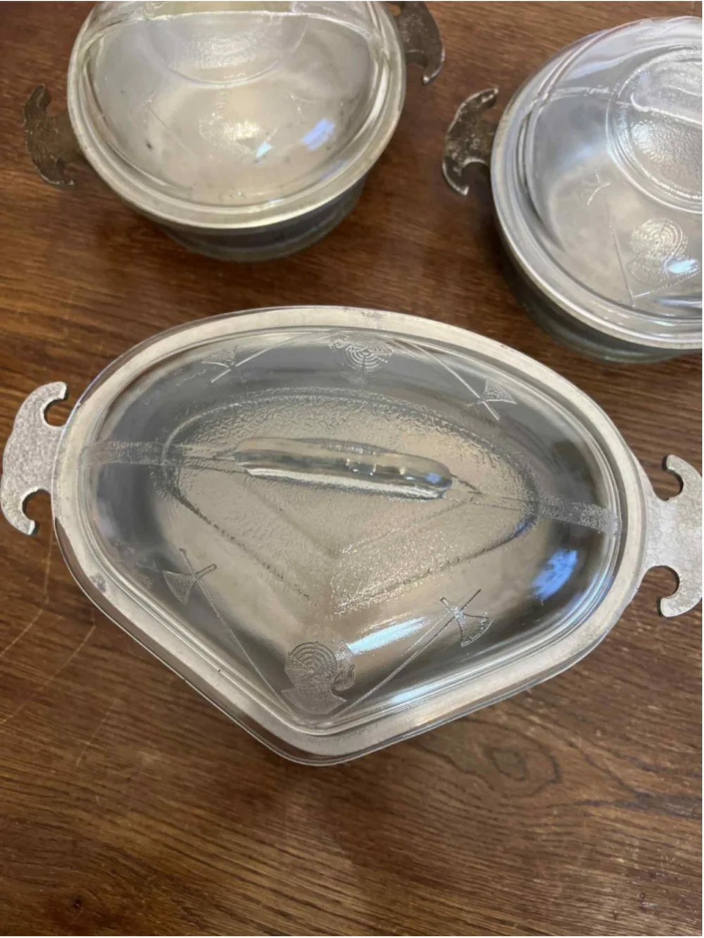 Guardian Service 3 Pc Casserole Lot Etched Glass Lids Round Triangular Hammered